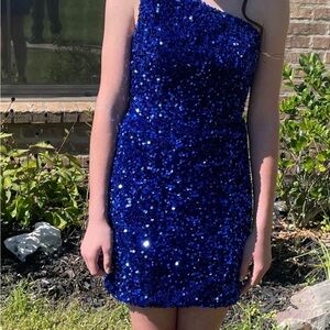 Sherri Hill Royal Blue Sequin Asymmetrical Dress